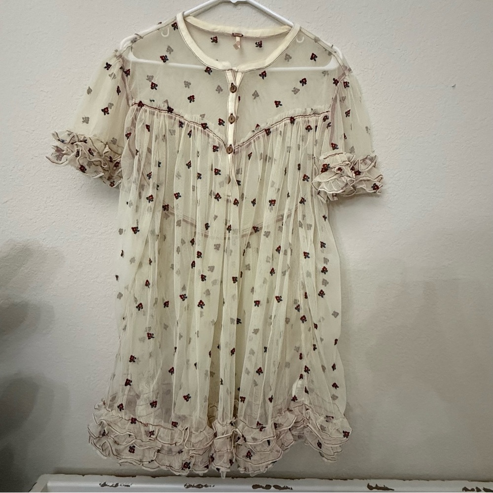 Free People Folklore Frock Dress XS Cream Sheer Embroidered Floral Boho Babydoll - Picture 2 of 8